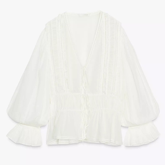 Zara ZW Romantic Ladder Stitch Blouse Oyster White M NWT - Picture 14 of 14